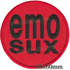Нашивка РОК атрибутика "EMO SUX" черная вышивка, красный фон, липучка или термоклей.