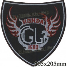 Нашивка РОК атрибутика "HONDA GL 1500" белая вышивка, черный фон, липучка или термоклей.